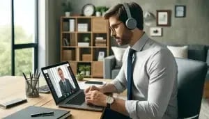 A fractional CFO speaks with the CFO by teleconference.